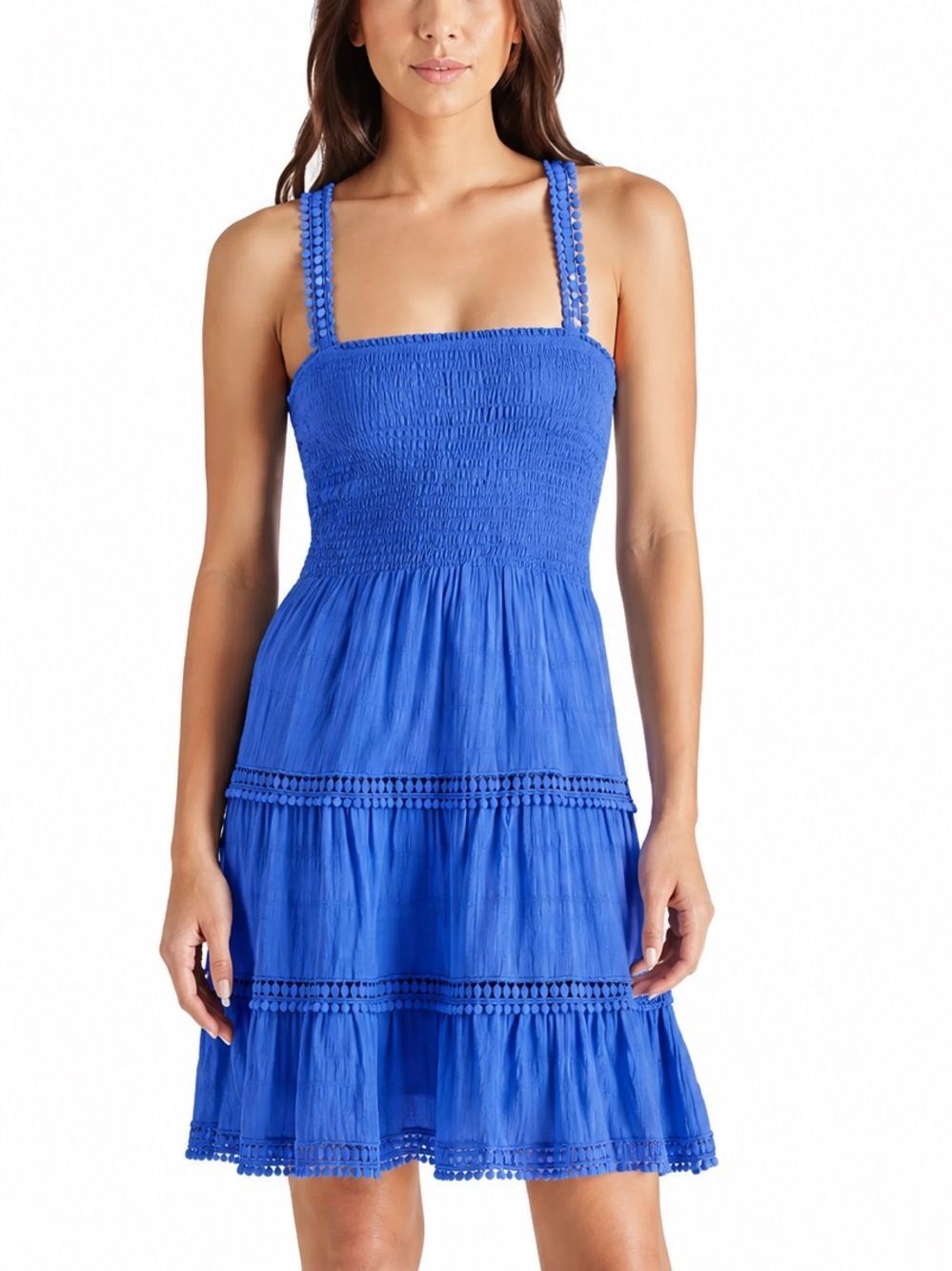 Steve Madden Happy Tiers Kahina Mini Dress Blue Smocked Tiered Boho L
